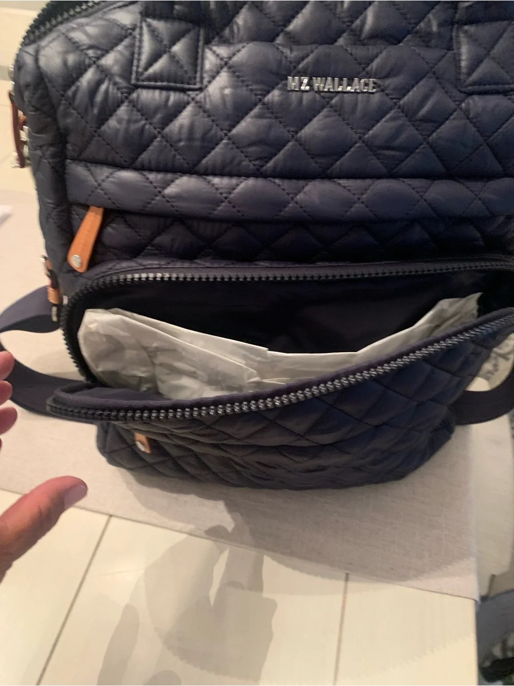 MZ Wallace Quilted Navy Backpack Tote with Leather Accents